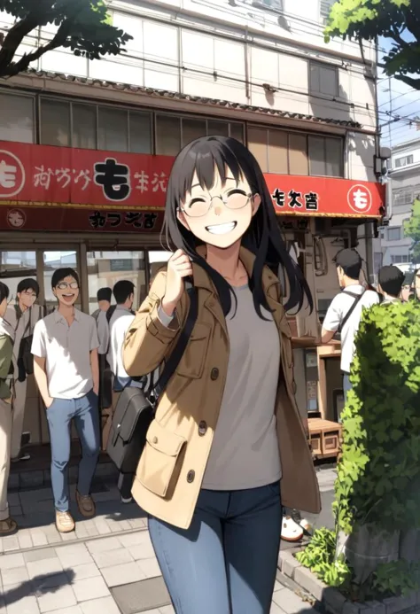 masterpiece, best quality, very aesthetic, absurdres,
1girl, solo, glasses, black hair, long hair, field jacket, jeans, black bag, smile, laughing, looking at viewer, solo focus,
moccos, scenery, storefront, japan, multiple boys, outdoors, real world location, scenery, 6+boys, plant, building, tree
 