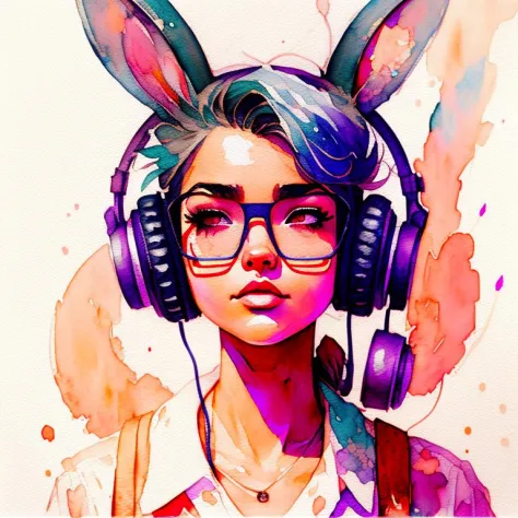 wtrcolor style, Digital art of (Retrowave bunny girl with glasses and headphone character design), official art, frontal, smilin...