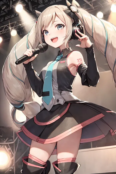 anime girl with long hair and a microphone in a concert