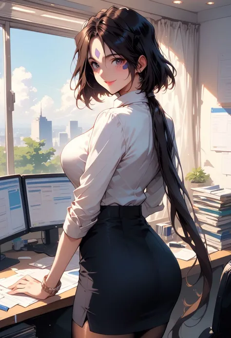 score_9, score_8_up, score_7_up, score_6_up, masterpiece, ultra detailed, best quality, source_anime, Expressiveh, BREAK,1girl, (Peorth, bob cut with low ponytail), smile, large breasts, office lady, pencil skirt, white shirt, pantyhose, office, desk, indoors, day, looking at viewer, from behind, looking back, (detailed face, detailed eyes), delicate features, soft lighting, warm colors