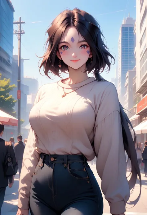 score_9, score_8_up, score_7_up, score_6_up, masterpiece, ultra detailed, best quality, source_anime, Expressiveh, BREAK,1girl, (Peorth, bob cut with low ponytail), smile, large breasts, sweater top, black jeans, casual attire, cowboy shot, outdoors, cityscape, day, walking, (detailed face, detailed eyes), delicate features, soft lighting, warm colors, pastel colors