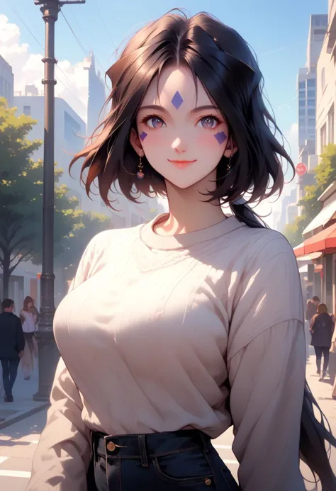 score_9, score_8_up, score_7_up, score_6_up, masterpiece, ultra detailed, best quality, source_anime, Expressiveh, BREAK,1girl, (Peorth, bob cut with low ponytail), smile, large breasts, sweater top, black jeans, casual attire, cowboy shot, outdoors, cityscape, day, walking, (detailed face, detailed eyes), delicate features, soft lighting, warm colors, pastel colors