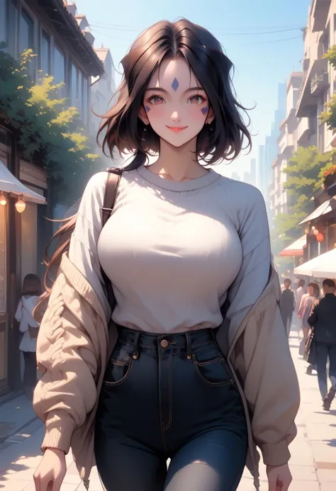 score_9, score_8_up, score_7_up, score_6_up, masterpiece, ultra detailed, best quality, source_anime, Expressiveh, BREAK,1girl, (Peorth, bob cut with low ponytail), smile, large breasts, sweater top, black jeans, casual attire, cowboy shot, outdoors, cityscape, day, walking, (detailed face, detailed eyes), delicate features, soft lighting, warm colors, pastel colors