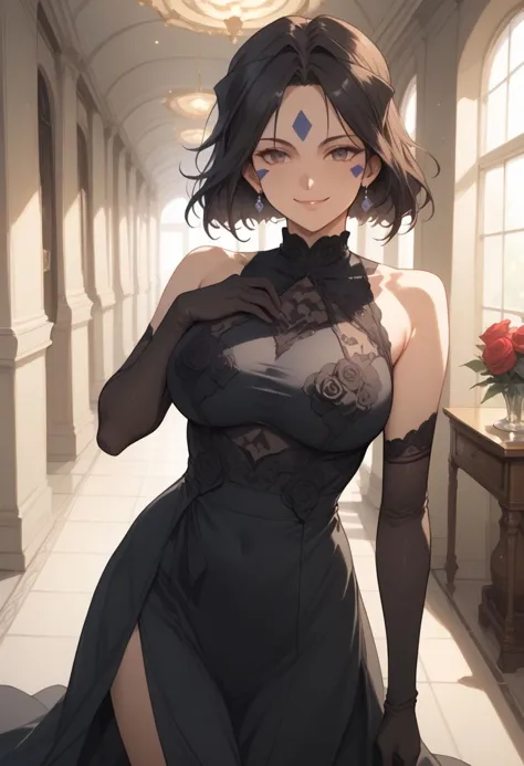 score_9, score_8_up, score_7_up, score_6_up, masterpiece, ultra detailed, best quality, source_anime, Expressiveh, BREAK, Peorth, bob cut with low ponytail, 1girl, smile, large breasts, black dress, black elbow gloves, floral print, roses, clothing cutout, living room, hallway, day, cowboy shot, ,(detailed face, detailed eyes)