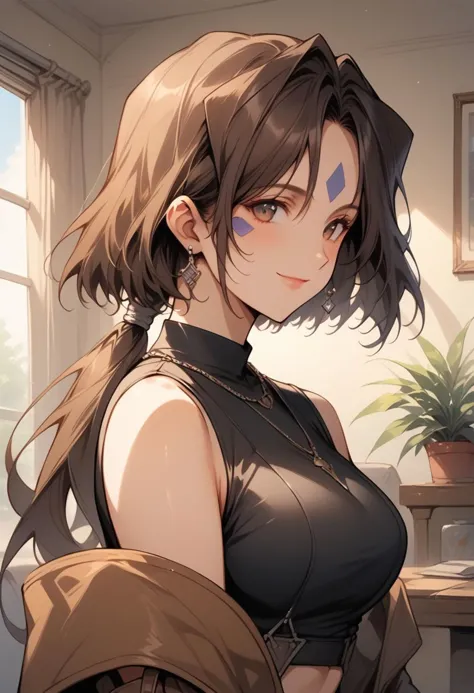 score_9, score_8_up, score_7_up, score_6_up, masterpiece, ultra detailed, best quality, source_anime, Expressiveh, BREAK, Peorth, bob cut with low ponytail, 1girl, smile, large breasts, black crop top, black short shorts, brown boots, clothing cutout, brown fingerless gloves, living room, day, shiny clothes, portrait,(detailed face, detailed eyes)