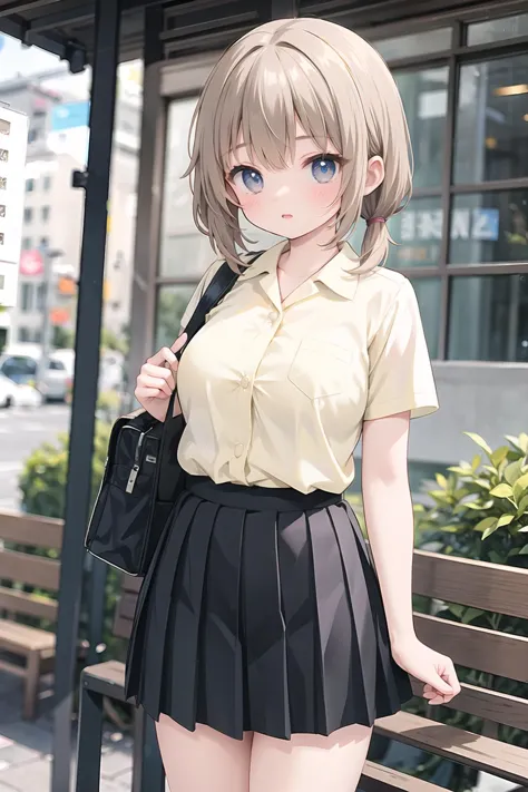 anime girl in a short skirt posing on a bench in front of a building