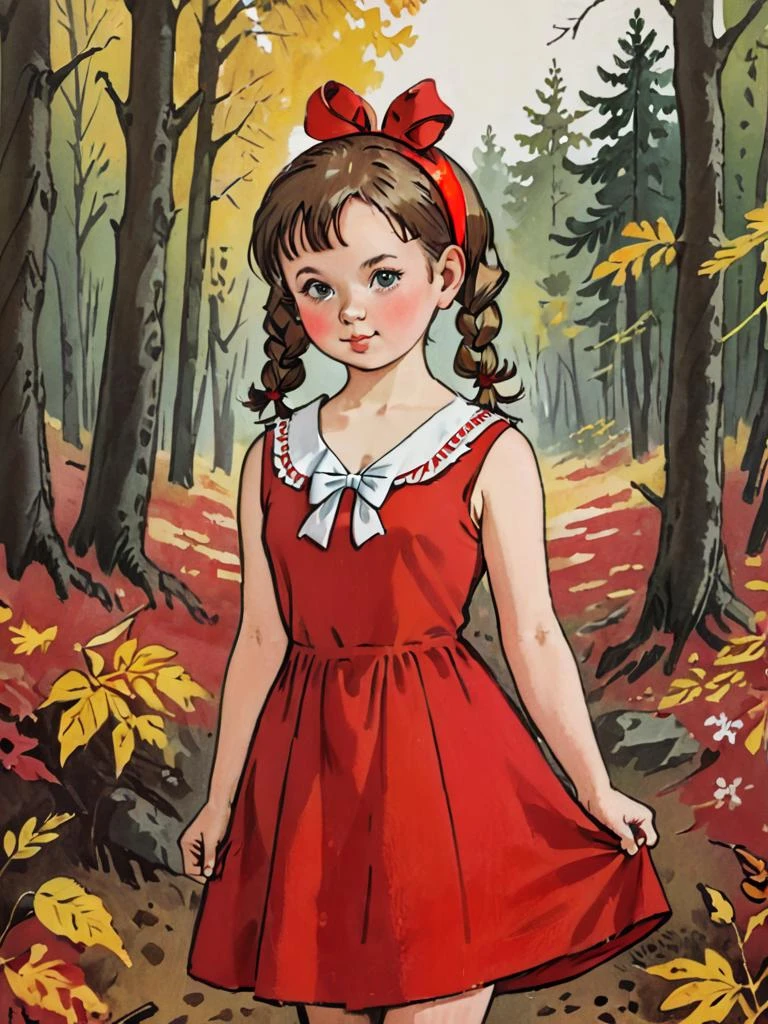 20 世紀 60 年代穿著紅色太陽裙、繫著蝴蝶結、綁著辮子的蘇聯女孩的肖像, 秋天的森林, Genrih 獵鷹插圖 