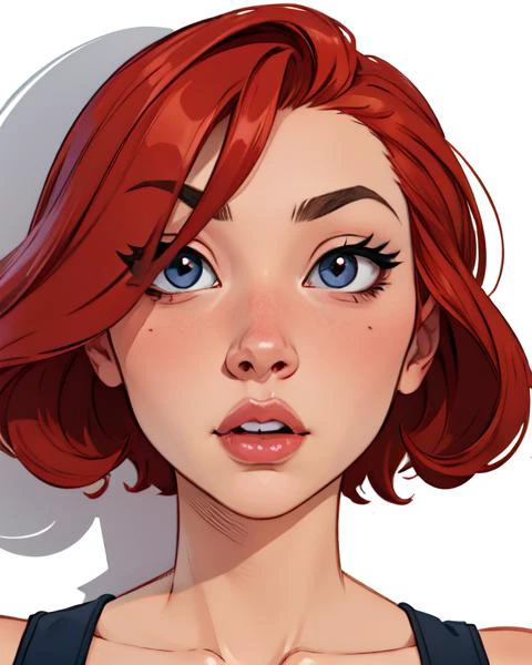 1 chica solo se enfrenta al pelo rojo, ojos redondos, sombra de ojos, expresión lasciva,