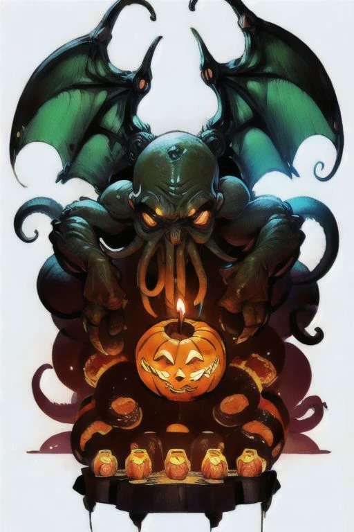 Cthulhu ist ein Kürbismonster zwischen Süßigkeitenkerzen und Würfeln, auf einem Schiff, wo ich mit einem Vampir ein Brettspiel spiele, Fledermäuse fliegen herum, im Steampunk-Stil des 19. Jahrhunderts