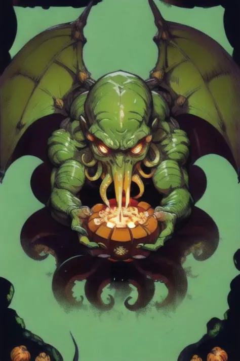 Cthulhu is a pumpkin monster among candy candles and dice, on a ship playing a board game with a vampire, bats flying around,