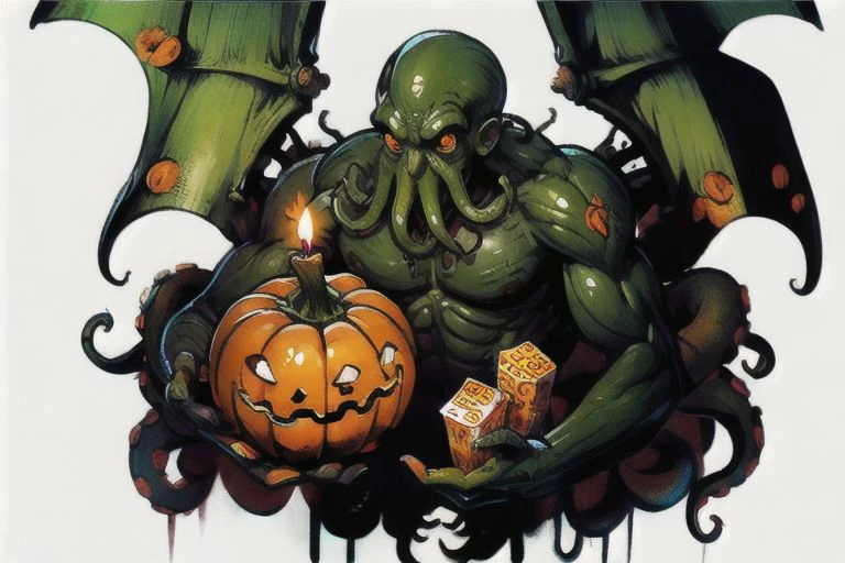 Cthulhu es un monstruo de calabaza entre velas dulces y dados., en un barco jugando un juego de mesa con un vampiro, murciélagos volando alrededor, en el estilo steampunk del siglo XIX.