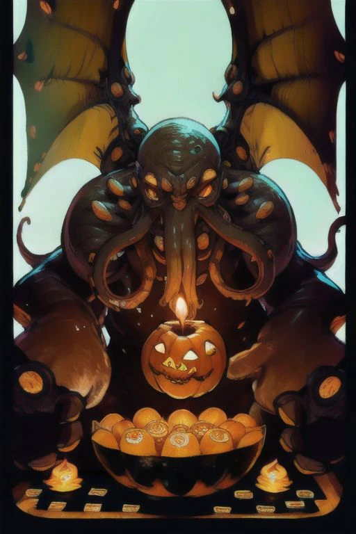 Cthulhu é um monstro abóbora entre velas doces e dados, em um navio jogando um jogo de tabuleiro com um vampiro, morcegos voando por aí, no estilo steampunk do século XIX