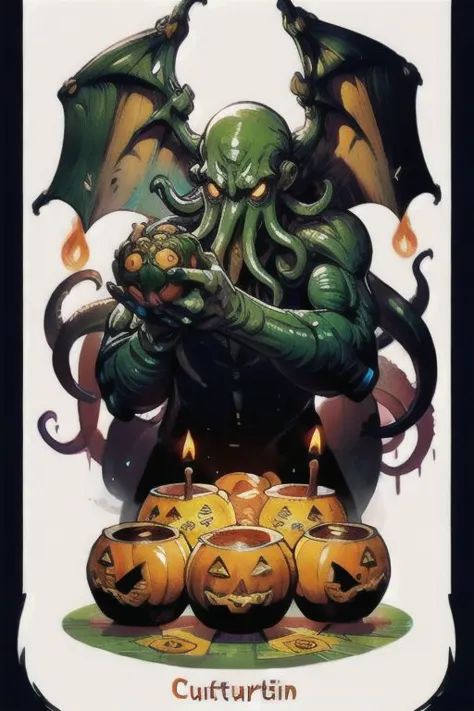 Cthulhu is a pumpkin monster among candy candles and dice, on a ship playing a board game with a vampire, bats flying around, in...