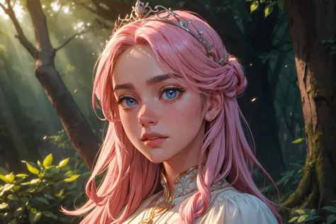 1girl,blushed face,close up photo of jenn1f1850,medium breast,detailed eyes,beautiful eyes,((looking to viewer)),detailed background,woman in fantasy medieval nature, gown woven from morning mist, ethereal and shimmering, soft curls hairstyle, pastel pink hair color, dewdrop tiara, holding a lantern of fireflies, in a sunlit forest glade, exploring pose, sky blue eye color, curious face expression, ancient trees and sunbeams in background, (best quality:1.1),(masterpiece:1.4), (absurdres:1.0),ultra high res,8K,(cinematic light:1.1),(intricate details, hyperdetailed:1.15),(volumetric lighting:1.2),bright colors,(HDR:1),