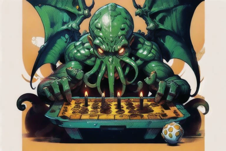 Cthulhu هو وحش اليقطين بين شموع الحلوى والنرد, على متن سفينة تلعب لعبة لوحية مع مصاص دماء, الخفافيش تحلق حولها, بأسلوب Steampunk في القرن التاسع عشر