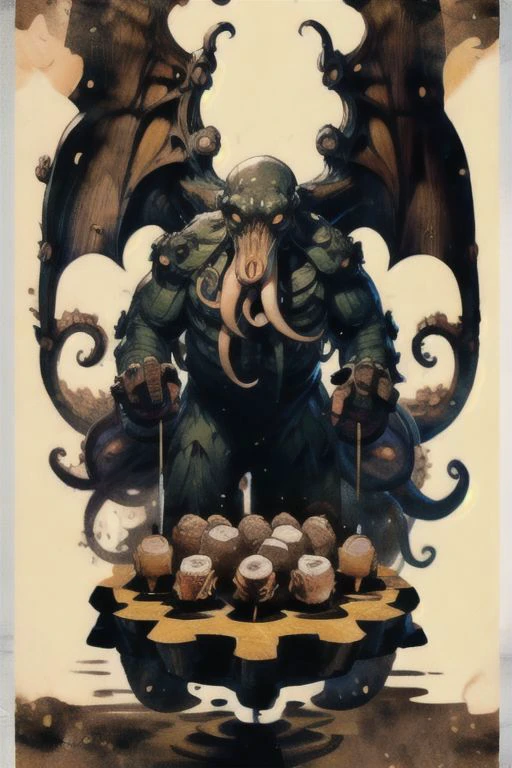 克蘇魯是糖果蠟燭和骰子中的南瓜怪物, 在船上和吸血鬼玩棋盤遊戲, 蝙蝠飛來飛去, 19世紀的蒸氣龐克風格