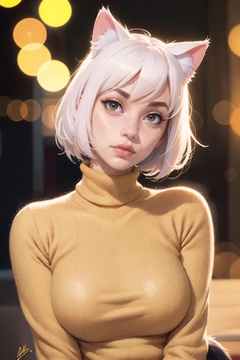 Portrait shot, short hair, freckles, white hair, cat ears, full lips, turtleneck sweater, bokeh background, outside, (masterpiec...