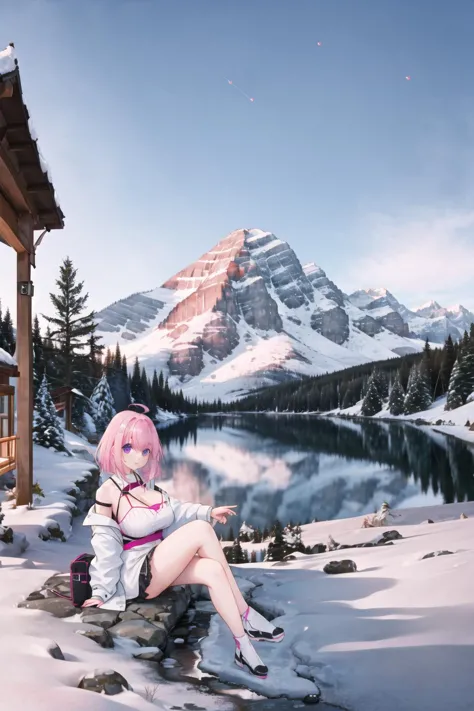 mountain, lake, <lora:mountain-10:0.6>, <lora:3lyv4-10:0.6>, pink hair, large breasts, night, sitting, looking at viewer