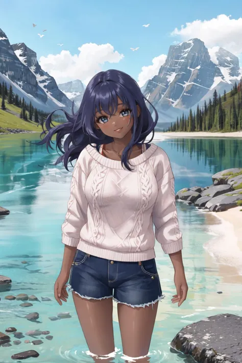 mountain, lake, <lora:mountain-10:0.6>, <lora:Leirix2-10:0.6>, dark-skinned female, wading, sweater, shorts, long hair, lips, sm...