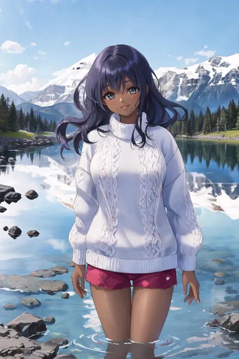 mountain, lake, <lora:mountain-10:0.6>, <lora:Leirix2-10:0.6>, dark-skinned female, wading, sweater, shorts, long hair, lips, sm...