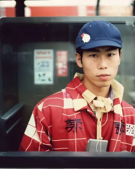 80s photograph, close up, portrait, young japanese man, phone booth,  <lora:80s Japan 2:0.5>