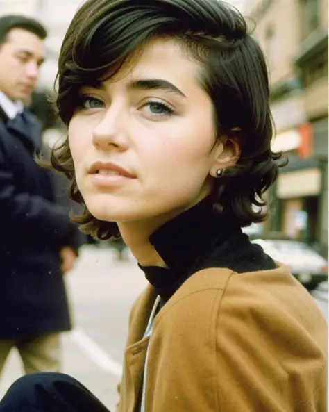 color Film photograph of a beautiful woman, short hair, new york, city street 1960s, <lora:80s Japan 2:0.5>