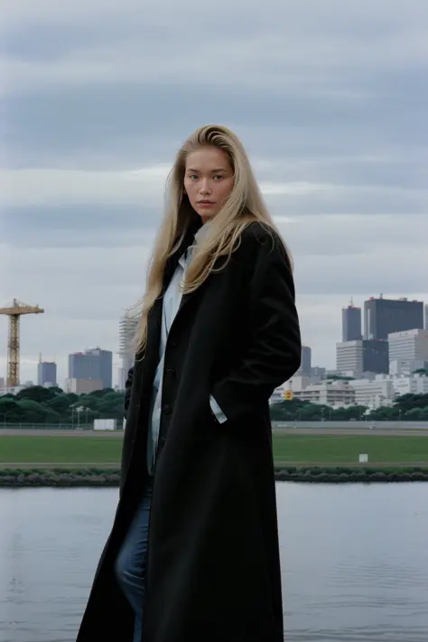 color film photograph of blonde supermodel woman, wearing black (long coat), 1980s, pastel colors, tokyo, looking into the dista...