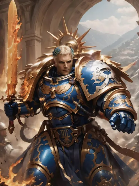cinematic photo of a man wearing blue knight armor, imperial palace in the mountains, chaotic corruption, great crusade,
roboute...