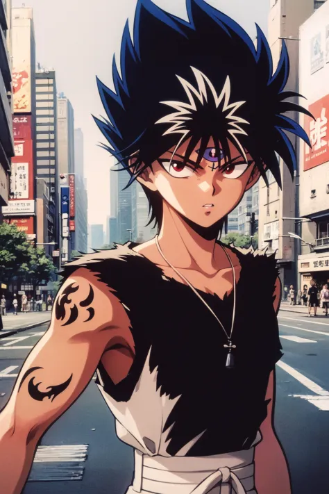 masterpiece, best quality, 1boy, hiei, black hair, white hair, spiked hair, red eyes, third eye, dragon tattoo, tattoo, upper body, solo, buildings, tokyo street background 