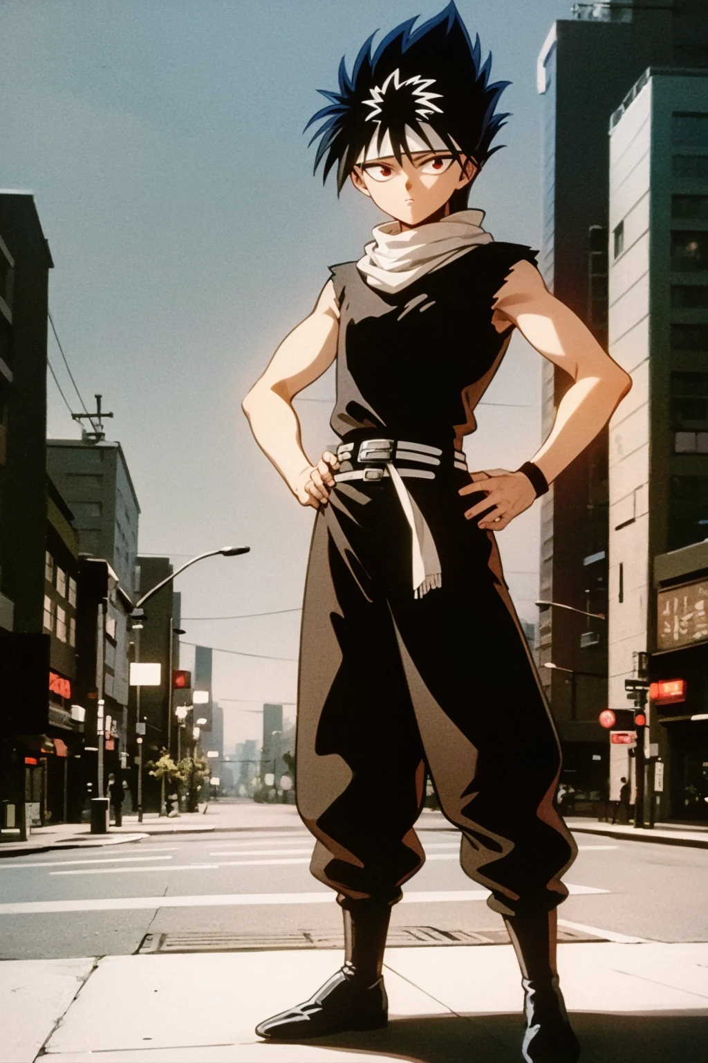 Anime character standing on a city street with his hands on his hips ...