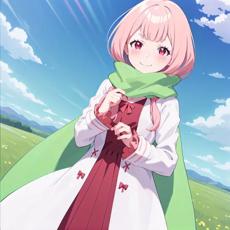<lora:CarmillaV1-000015:1>, Carmilla,
( anime screencap:1.1),outdoors,field,(hill:1.6),,blue sky,
1girl, pink hair, solo, green ...