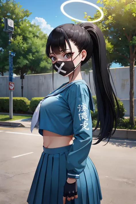 anime girl with a mask and skirt posing for a picture