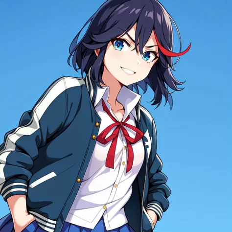 anime girl in a blue and white uniform with a red bow