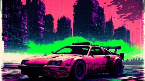 mdjrny-pntrt illustration style, Cyberpunk car, racetrack, vapourwave, contrasting colour palette