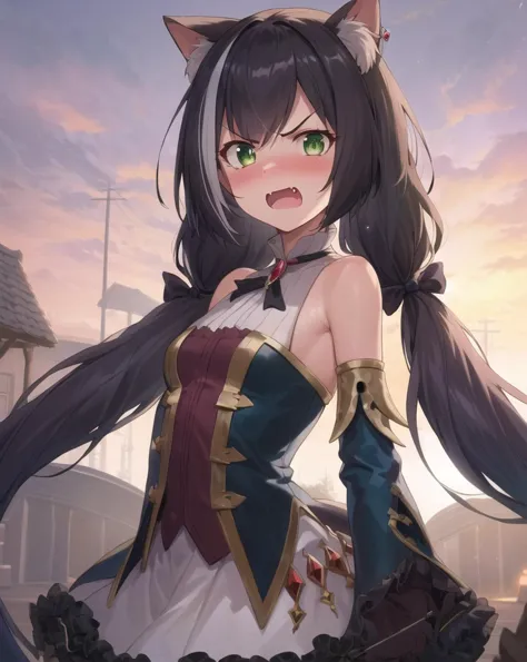 masterpiece, best quality, ultra-detailed, illustration, epic lighting, cinematic composition, colorful, anime, 2d, (finely detailed beautiful eyes: 1.2), 1girl, karyl, small breasts, very long hair, twintails, bangs, purple hair bow, green eyes, tail, jewelry, frilled dress, frilled skirt, bare shoulders, black pantyhose, detached sleeves, looking at viewer, blush, angry, shouting, open mouth, fang, upper body, outdoors, fantasy, village, (8k:1.1)   <lora:karyl_v1:1>