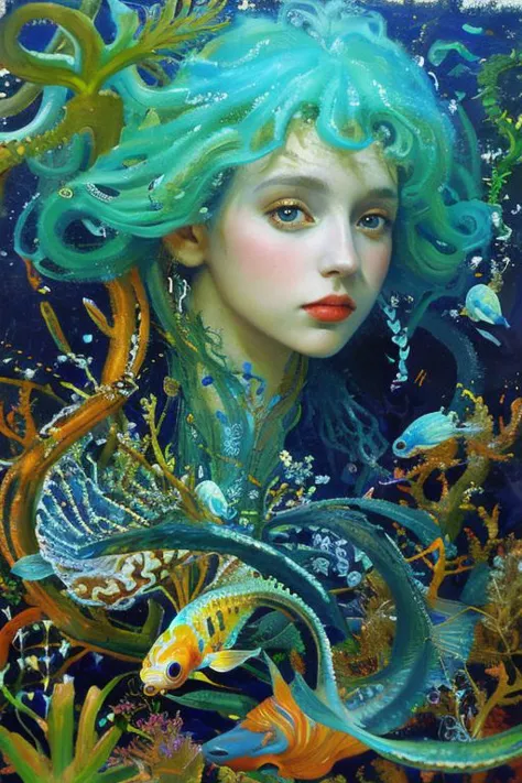 Masterpiece, oil painting of beautiful european woman with big koi, siren, pretty face, hair like algae and octopus, blue water,...
