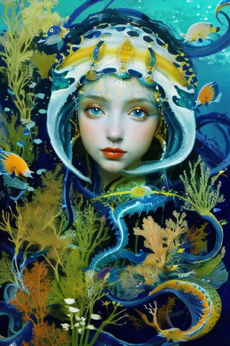 Masterpiece, oil painting of beautiful european woman with big koi, siren, pretty face, hair like algae and octopus, blue water, underwater, jungle, corals, sunshine, hyperrealistic, 8k