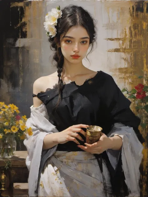 a painting of a woman holding a bowl in her hands