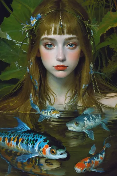 Masterpiece, oil painting of beautiful european woman with big koi, pretty face, hair like algae, blue water, jungle, hyperreali...