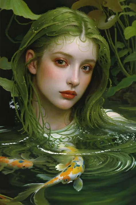 Masterpiece, oil painting of beautiful european woman morphing into a koi, pretty face, hair like algae, water, jungle, hyperrea...