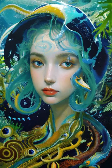 obra maestra, pintura al óleo de una hermosa mujer europea con un gran koi, Sirena, cara bonita, pelo como algas y pulpo, agua Azul, submarino, selva, corales, luz solar, Híper realista, 8K