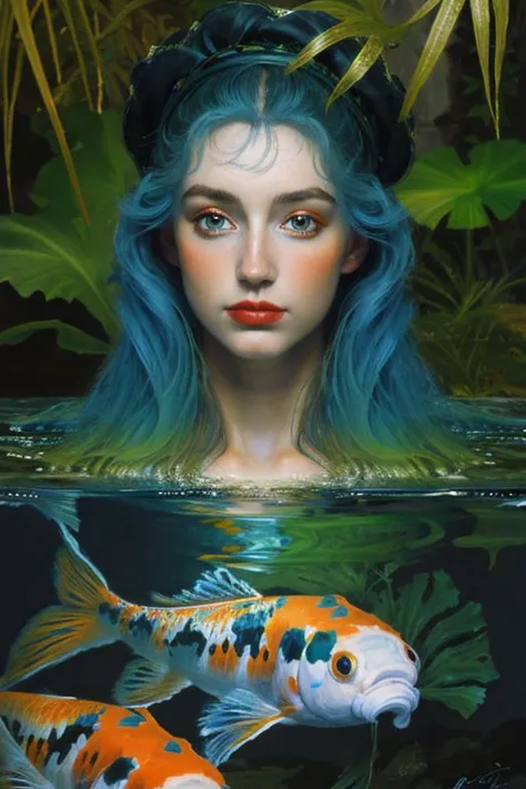 Masterpiece, oil painting of beautiful european woman with big koi, pretty face, hair like algae, blue water, jungle, hyperreali...