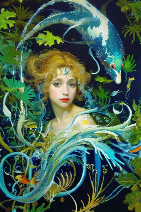 Masterpiece, oil painting of beautiful european woman with big koi, siren, pretty face, hair like algae and octopus, blue water,...