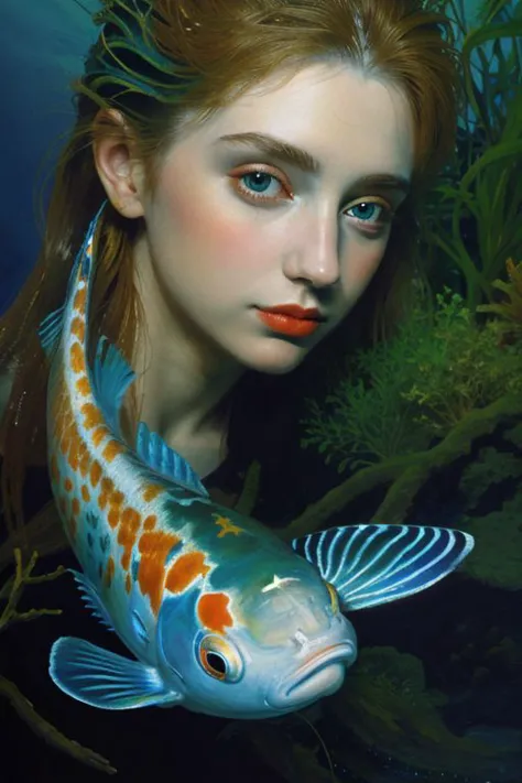 Masterpiece, oil painting of beautiful european woman with big koi, pretty face, hair like algae, blue water, underwater, jungle...