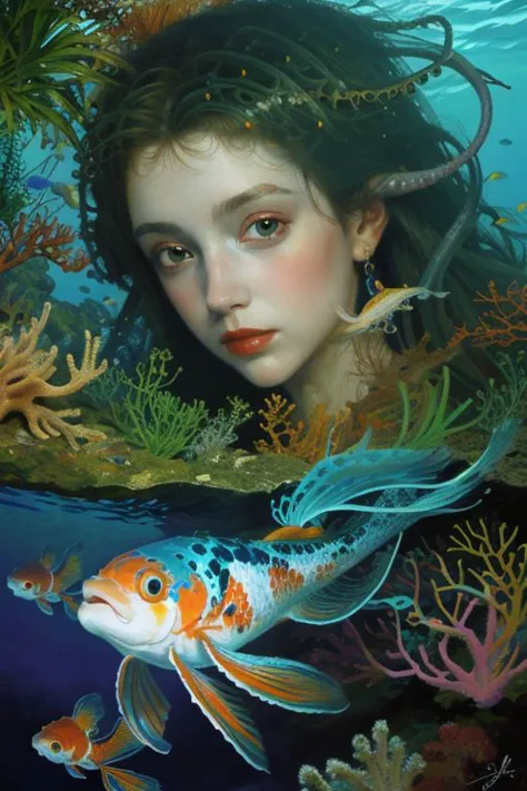 obra maestra, pintura al óleo de una hermosa mujer europea con un gran koi, Sirena, cara bonita, pelo como algas y pulpo, agua Azul, submarino, selva, corales, luz solar, Híper realista, 8K