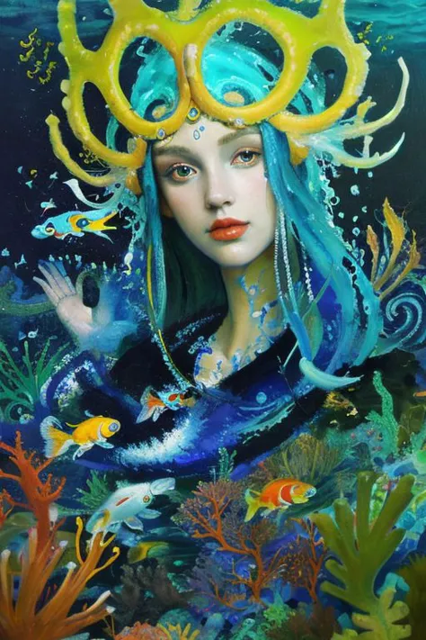 Masterpiece, oil painting of beautiful european woman with big koi, siren, pretty face, hair like algae and octopus, blue water, underwater, jungle, corals, sunshine, hyperrealistic, 8k