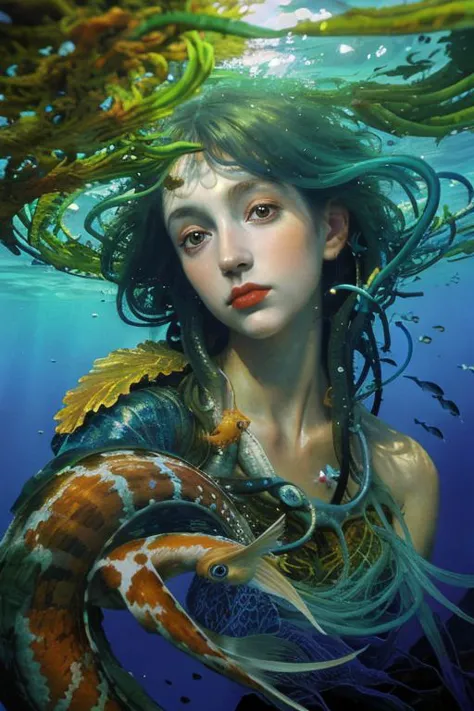 obra de arte, pintura a óleo de uma linda mulher europeia com grande koi, Sirene, cara bonita, cabelo como algas e polvo, água Azul, embaixo da agua, selva, corais, luz do sol, hiperrealista, 8K