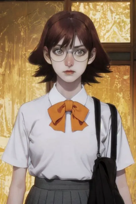 masterpiece, detailed, best quality, HD, UHD, best quality, highres, mira_yoo, short hair, brown eyes, brown hair, 1girl, solo, skirt, shirt, bow, school uniform, white shirt, ahoge, short sleeves, pleated skirt, glasses, bowtie, green skirt, Standing with hands on hips, <lora:mira_yoo:0.85>