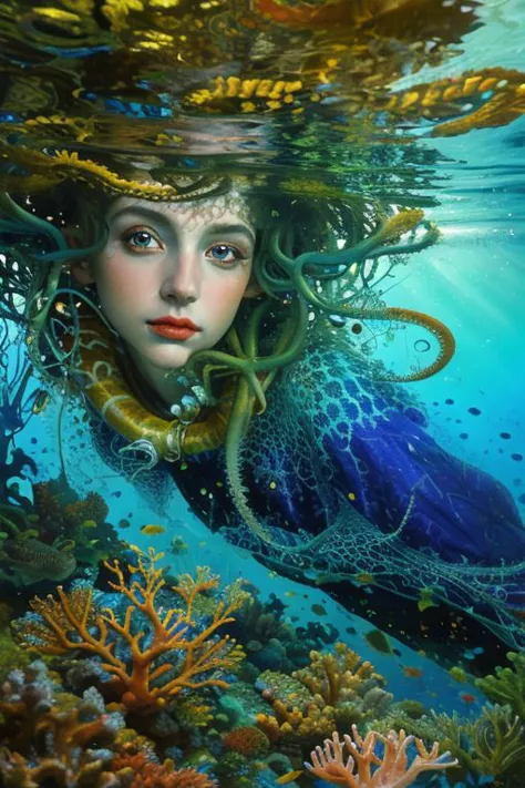 obra de arte, pintura a óleo de uma linda mulher europeia com grande koi, Sirene, cara bonita, cabelo como algas e polvo, água Azul, embaixo da agua, selva, corais, luz do sol, hiperrealista, 8K