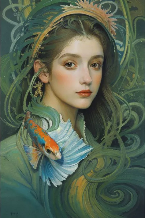 Masterpiece, oil painting of beautiful european woman with big koi, pretty face, hair like algae, blue water, jungle, hyperreali...